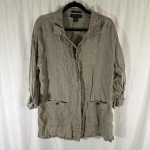 Tahari 100% Linen Blouse Women's Medium Solid Green Button Up 3/4 Sleeve